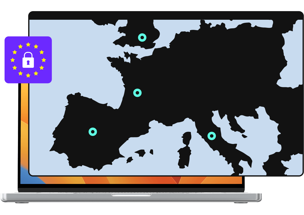 Laptop screen showing a map of Europe with data center locations marked, next to the GDPR compliance icon.